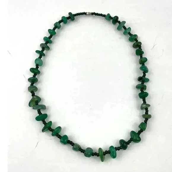 Natural Stone Green Agate Nugget Rock Beaded Necklace Seed Bead 20" - Picture 15 of 15